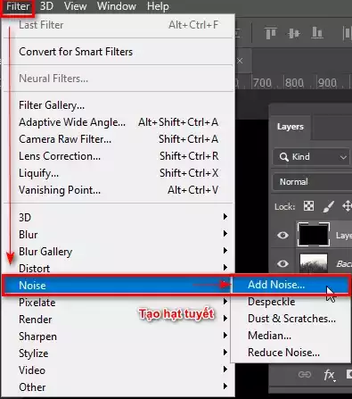 Cách tạo tuyết trong photoshop cực kỳ đơn giản 6 Bước 5: Tạo hiệu ứng tuyết bằng Noise