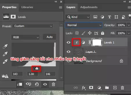 Cách tạo tuyết trong photoshop cực kỳ đơn giản 10 Bước 8: Áp layer Levels đó vào layer hiệu ứng tuyết