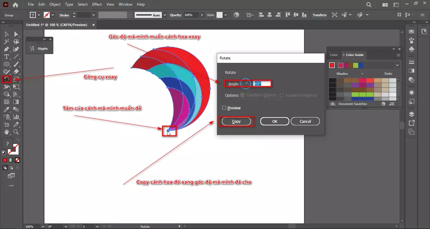 Vẽ bông hoa trong illustrator Bước 5.2 xoay và lặp lại để thành một bông hoa