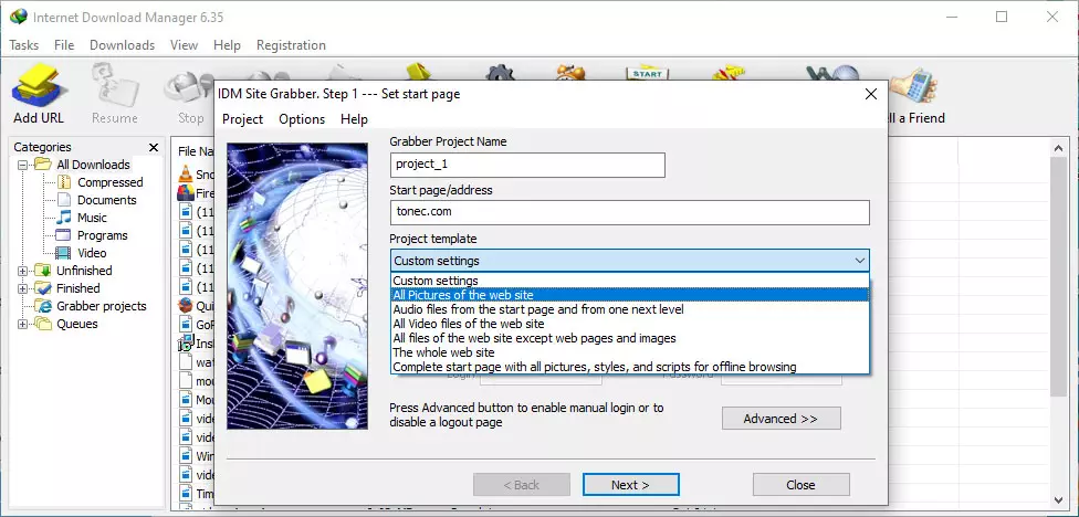 Trình quản lý tải xuống Internet Grabber