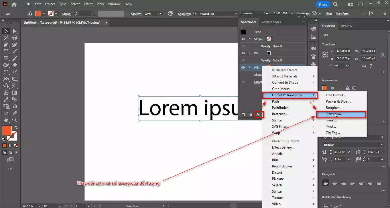 Buoc 3.3 Thay doi vi tri va so luong doi tuong Cách tạo viền cho chữ trong illustrator