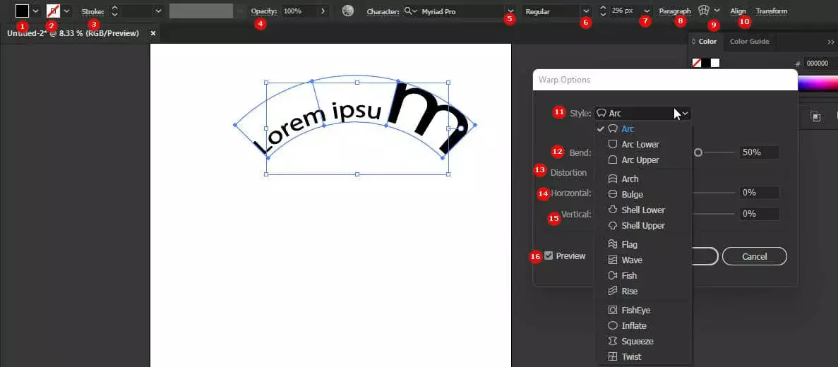 Công cụ Type Tool trong illustrator thanh menu 2