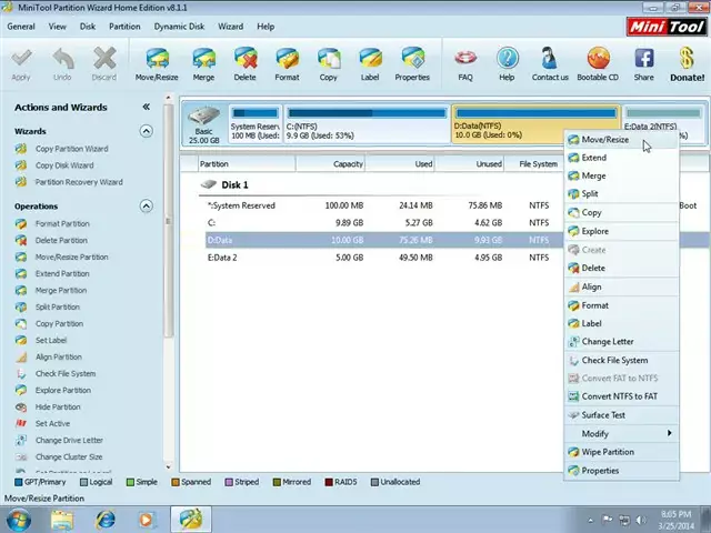 Cách chia ổ cứng win 7 10 11 cực nhanh và hiệu quả bằng Partition Wizard 14 Chọn chức năng “Move/Resize” ổ đĩa D