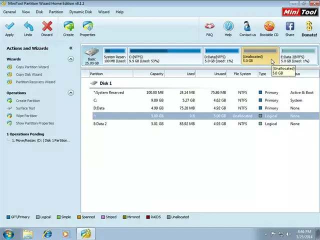 Cách chia ổ cứng win 7 10 11 cực nhanh và hiệu quả bằng Partition Wizard 17 Vùng trống 5GB được tạo ra ở phía bên phải ổ đĩa D